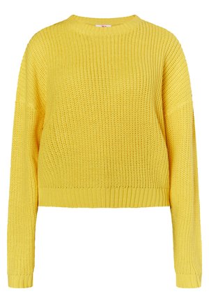 Gelber, gestrickter Pullover mit gerippter Textur, Rundhalsausschnitt, langen Ärmeln und taillierter Passform. Verfügt über weite, lockere Ärmel und dezente Musterung.