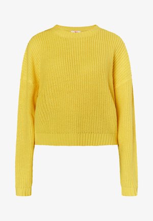 Pull jaune en tricot avec une texture côtelée, col rond, manches longues et coupe courte. Il présente des manches larges et amples ainsi qu'un motif subtil.