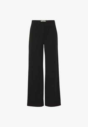 Melnas platajās bikses ar elastīgu jostu, izgatavotas no gludas auduma. Raksturīga vienkārša dizaina forma bez redzamām rakstām un aparatūras.