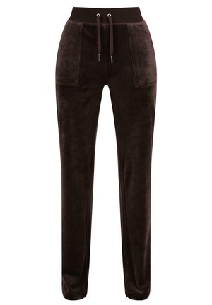 Brown velour joggers with a drawstring waistband, two front pockets, and a tapered leg design. Soft texture and smooth finish.