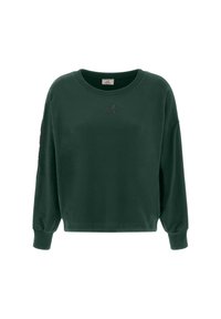 Mikina v lesní zelené barvě vyrobená z měkké látky, s kulatým výstřihem, dlouhými rukávy a vyšitým logem "Goddess" na hrudi.