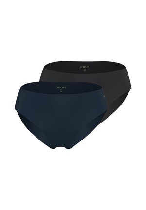 Zwei nahtlose Damen-Slips mit mittlerer Bundhöhe in Schwarz und Dunkelblau, die den Markennamen JOOP! und die Größe M 38 auf der Innenseite des Bunds zeigen.