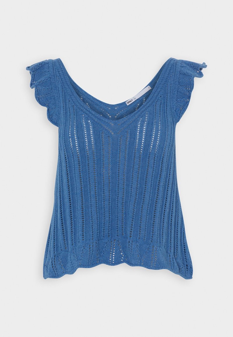 Niebieski dzianinowy top z dekoltem w serek, prążkowaną teksturą i falbaniastymi rękawami. Falowany dół i pionowe paski tworzą lekki, przewiewny wzór.