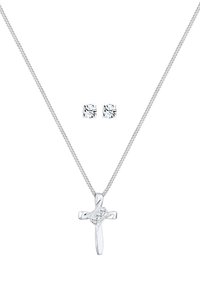 Collana a croce in argento con un accento in zirconia cubica, abbinata a due orecchini a bottone rotondi coordinati, il tutto su una delicata catena.