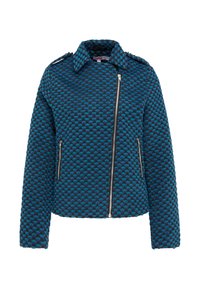 Niebieska kurtka o teksturowanej powierzchni, z zamkiem z przodu, wyprofilowanym kołnierzem i dwoma bocznymi kieszeniami na zamek. Posiada wzorzystą powierzchnię i dopasowany krój.