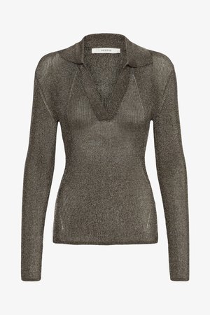 Metalické bronzové tričko s dlouhým rukávem a designem s výstřihem do V a límečkem. Má ribbovaný vzor a přiléhavý střih. Značka: Gestuz.