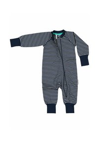 Marinblå och vitrandig one-piece bodysuit med långa ärmar, dragkedja fram och ribbade muddar. Mjuk tyg, avsmalnande ben för bra passform.