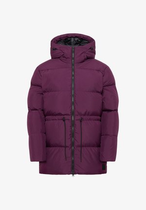 Paarse gewatteerde jas met een hoge kraag, ritssluiting aan de voorkant, verstelbare trekkoord in de taille en zwarte accenten. Gladde textuur, losse pasvorm.