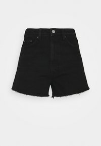 Shorts en jean noir avec une taille haute, un ourlet effiloché et des poches avant. Dotés d'un bouton en métal et du design classique à cinq poches.
