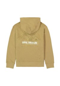 Sudadera beige con un dibujo de montañas y árboles y las palabras "TOTAL SOLEDAD Paisajes Inspiradores" impresas en la parte posterior.
