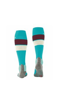 Calze compressive in teal con strisce color maroon, crema e grigio; soletta testurizzata con accenti a righe; design al ginocchio per il supporto.