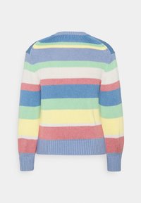 Pull en maille avec des rayures horizontales pastel en bleu, rose, jaune, vert et blanc, vu de dos sur un fond uni.
