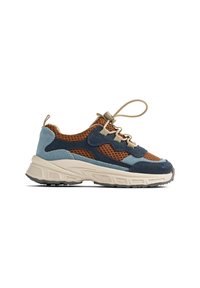 Flerfarget sneakers med en brun nettingoverdel, blå semsket skinnaccent og en beige lett såle. Har en trekkflik og elastisk snøresystem.