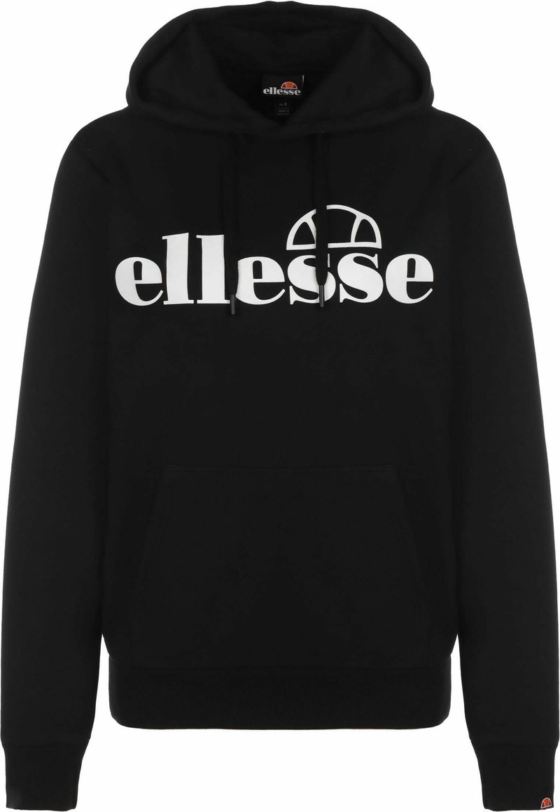Sweat à capuche noir en coton avec une poche avant. Présente un grand logo blanc "ellesse" et des cordons de serrage sur la capuche. Poignets côtelés.