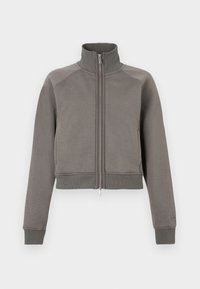 Γκρι cropped ζακέτα με φερμουάρ, ψηλό γιακά, μανίκια ράγκλαν και ριμπ τελειώματα στους καρπούς και το τελείωμα. Κατασκευασμένη από μαλακό, ελαστικό ύφασμα.