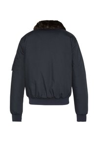 Giacca bomber blu navy con collo in pelliccia sintetica, polsini e orlo a coste e una tasca laterale. Tessuto liscio con un design leggermente imbottito.