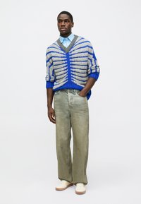 Grau gestrickter Pullover mit blauen Streifen, V-Ausschnitt. Kombiniert mit hellgrünen, weit geschnittenen Jeans und weißen Sneakern. Flache Textur.