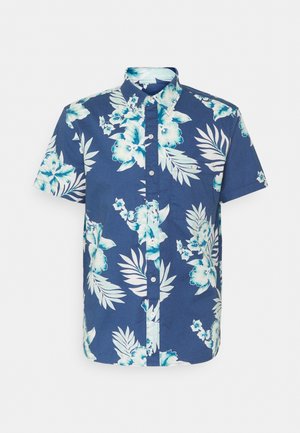 Chemise pour homme à manches courtes avec boutons, base bleue et motif floral tropical en blanc et sarcelle.