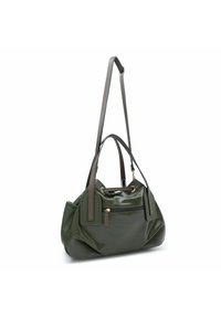 Groene leren handtas met een afgeronde vorm, dubbele handgrepen en een verstelbare schouderband. Bevat een ritsvak en gouden hardware accenten.