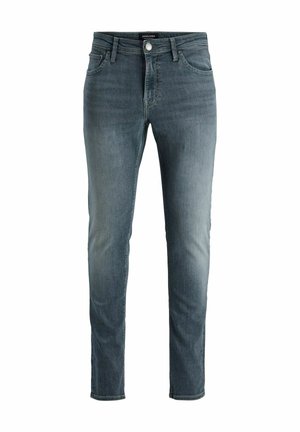 Mørkeblå denimjeans med en falmet finish, slim fit, fem lomme-design, metal knaplukning og bælteløkker i taljen.