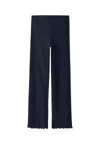 Marineblauwe, geribde wijde broek met een scalloped zoom en een elastische tailleband, gemaakt van een zachte, ademende stof.