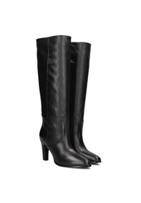 Zwart leren laarzen tot de knie met een slank ontwerp, puntige neus en een gematigde hak, met een gladde textuur en zonder zichtbare hardware.