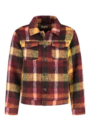 Flanelljacke mit einem mehrfarbigen Karomuster in Rot, Gelb und Schwarz. Das Design umfasst eine Knopfleiste und zwei Brusttaschen.