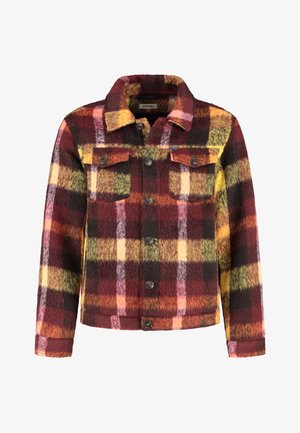 Flanelljacke mit einem mehrfarbigen Karomuster in Rot, Gelb und Schwarz. Das Design umfasst eine Knopfleiste und zwei Brusttaschen.