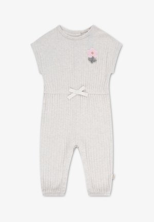 Tuta a costine grigio chiaro con maniche corte, vita elasticizzata, fiocco in tessuto come dettaglio e ricamo floreale. Chiusure a scatto sulle gambe.