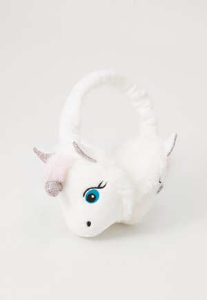 Sac en peluche blanc en forme de licorne avec des yeux bleus, une corne et des oreilles pailletées, et des accents roses. Il possède une anse courbée et une texture douce et moelleuse.