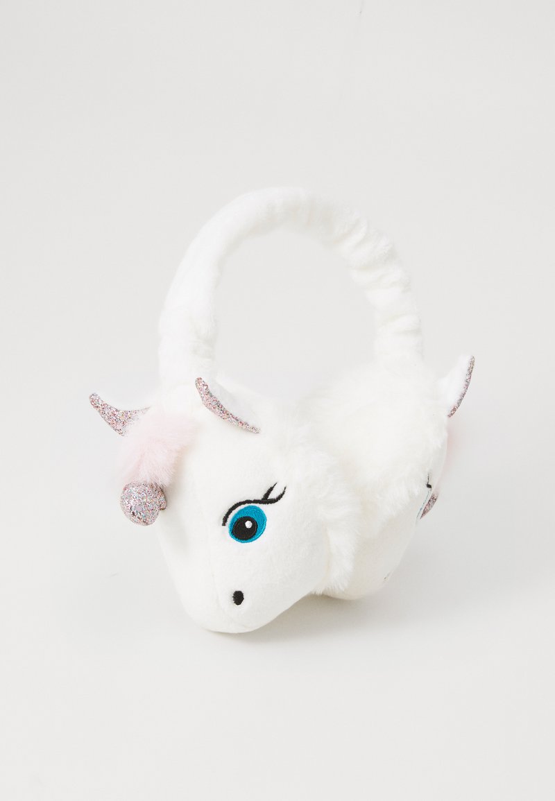 Borsa a forma di unicorno bianco in peluche con occhi blu, corno e orecchie luccicanti e dettagli rosa. Presenta una maniglia curva e una superficie morbida e fluffy.