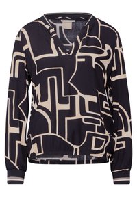 Blusa nera e beige con motivo a v, maniche lunghe e orlo elastico. Presenta stampe geometriche astratte su un tessuto leggero.