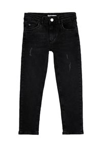 Pantalones skinny de mezclilla negra con cintura alta, que cuentan con un botón frontal, cinco bolsillos y parches desgastados en los muslos.