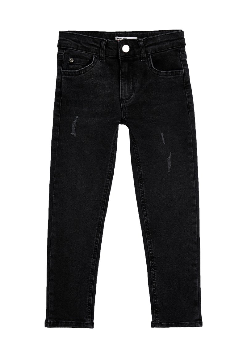Pantalones skinny de mezclilla negra con cintura alta, que cuentan con un botón frontal, cinco bolsillos y parches desgastados en los muslos.