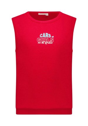 Rood mouwloos topje van geribbelde stof met ronde hals. Op de voorkant staat in blauw en wit de tekst: "CARS GIRLS are the future".