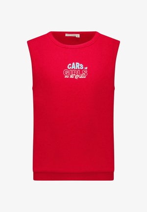 Rood mouwloos topje van geribbelde stof met ronde hals. Op de voorkant staat in blauw en wit de tekst: "CARS GIRLS are the future".
