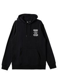 Black hoodie with long sleeves, drawstring hood, front kangaroo pocket, and white graphic design on the left chest featuring "Quiksilver."