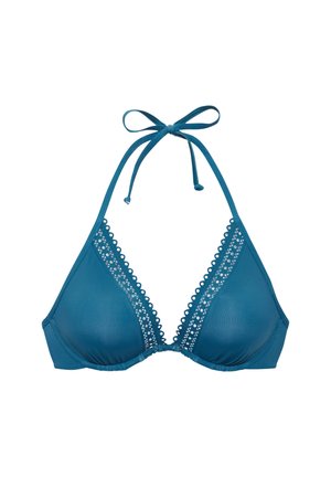 Blauwe halterbikinitop met afgewerkte kant met golfpatroon langs de driehoekige cups en een striksluiting bij de nek en rug.