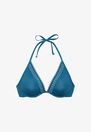 Plavi bikini top na vezanje s naramenicama, s nazubljenim čipkastim obrubom duž trokutastih košarica i vezanjem oko vrata i na leđima.