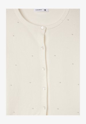 Biała kardigan wykonana z miękkiego materiału, z okrągłym dekoltem, pełnym zapięciem na guziki i rozsypanymi akcentami z koralików jako detal dekoracyjny.