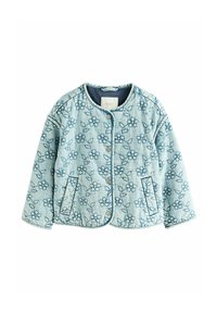 Blau gesteppte Jacke mit floralem Muster, runder Ausschnitt, Druckknopfverschluss, zwei seitliche Taschen und kontrastierender Innenfutter. Weicher Denim-Textur.
