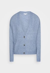 Weicher hellblauer Wollcardigan mit tiefem V-Ausschnitt, drei Knöpfen an der Vorderseite und zwei Taschen vorne, auf weißem Hintergrund dargestellt.