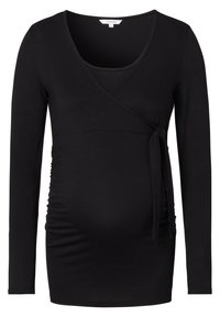 Maglia premaman nera a maniche lunghe con design a incrocio, cintura da annodare in vita e lati arricciati per il massimo comfort. Realizzata in tessuto morbido ed elastico.