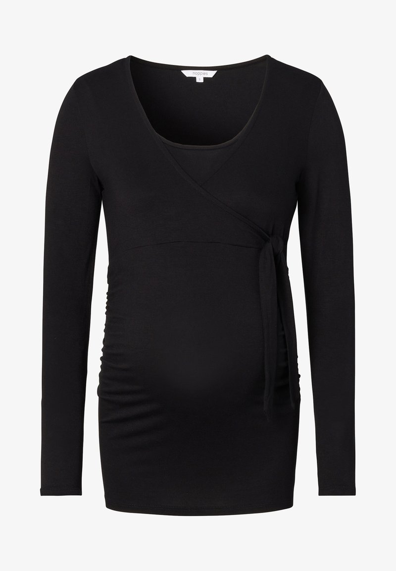 Maglia premaman nera a maniche lunghe con design a incrocio, cintura da annodare in vita e lati arricciati per il massimo comfort. Realizzata in tessuto morbido ed elastico.