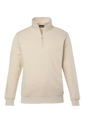 Beige sweatshirt med lynlås i blødt stof, med høj krave, ribstrikkede manchetter og lille logo på brystet. Ren, minimalistisk design.