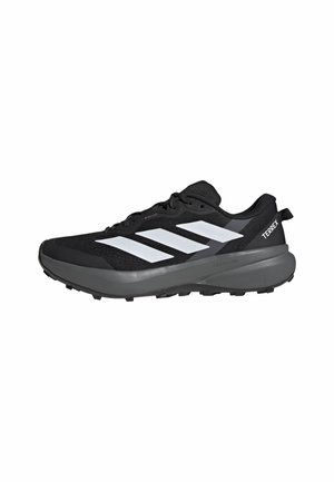 Sort Adidas Terrex trail løbesko med hvide striber, polstret sål og robust ydersål til udendørs brug.