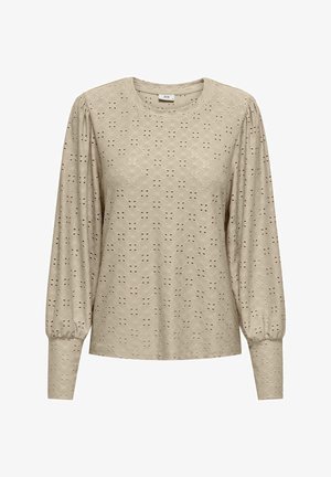 T-shirt beige à manches longues avec un tissu texturé et un motif ajouré, un col rond et des manches froncées pour un effet volumineux.