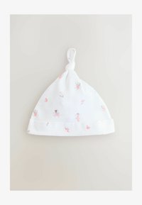 Gorro para bebé de algodón en blanco con un nudo en la parte superior, con patrones de hadas y flores en tonos rosa pastel en el cuerpo y el borde.