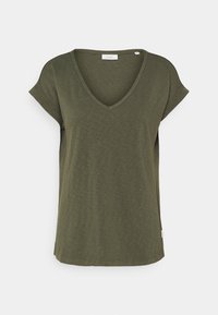 Olivengrøn kortærmet V-hals T-shirt med opsmøgede ærmer og en løs pasform.