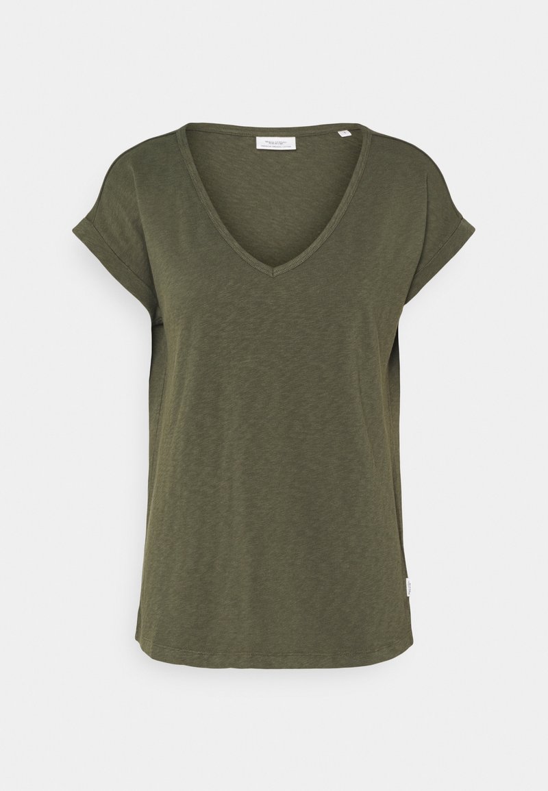 Olivengrøn kortærmet V-hals T-shirt med opsmøgede ærmer og en løs pasform.